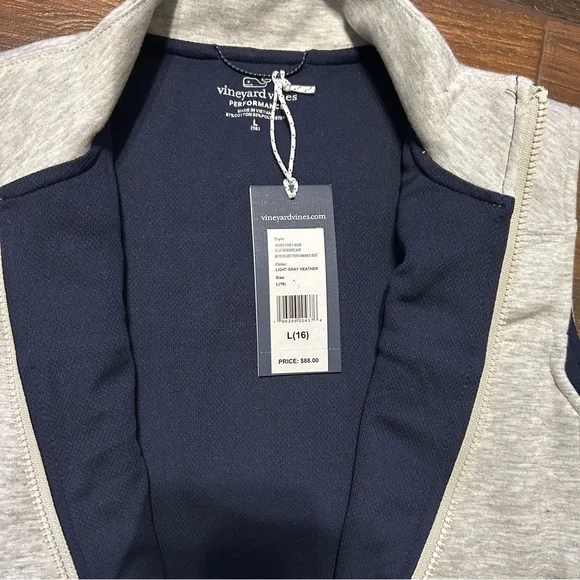 Vineyard Vines Boys Performance Vest Large 16 Gray Navy Blue Lining Full Zip NWT - Picture 6 of 8